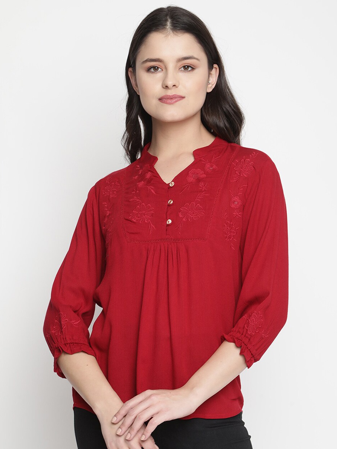

V2 Value & Variety Maroon Mandarin Collar A-Line Top