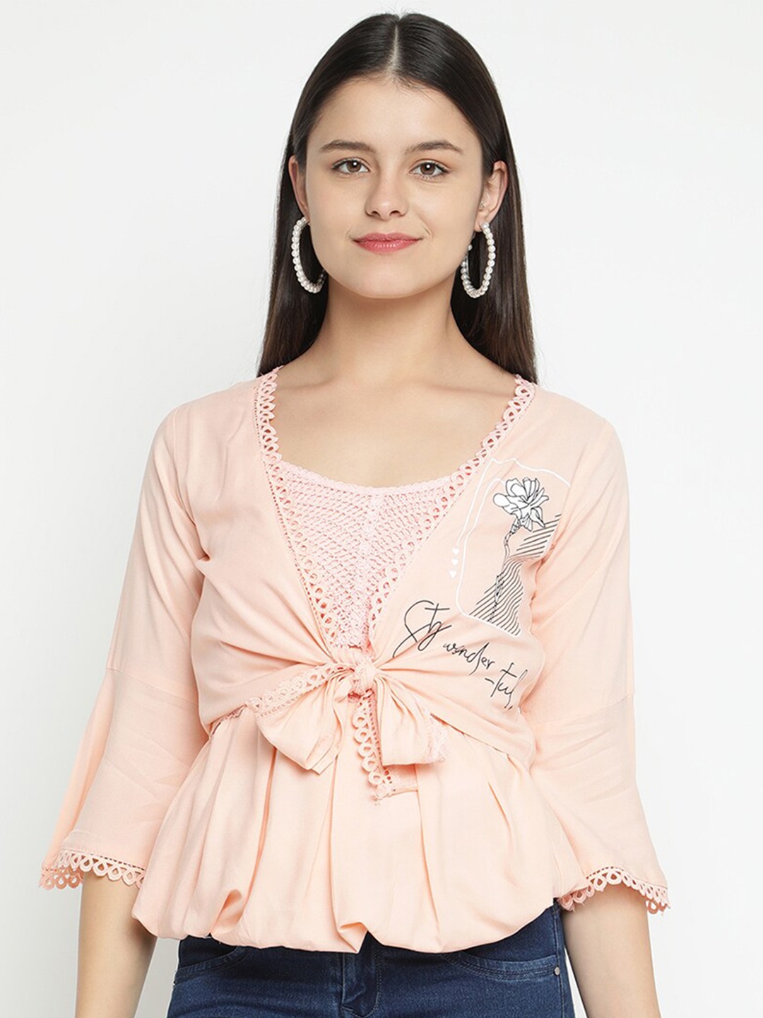 

V2 Value & Variety Women Peach-Coloured Floral Cinched Waist Top