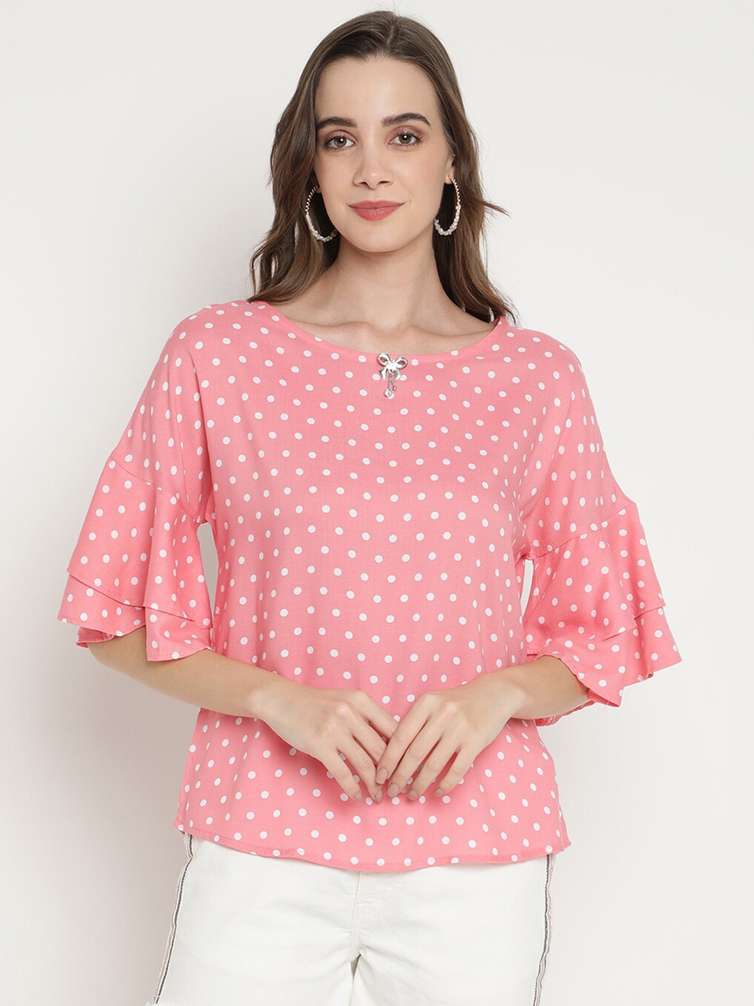 

V2 Value & Variety Peach-Coloured & White Polka Dot Regular Top