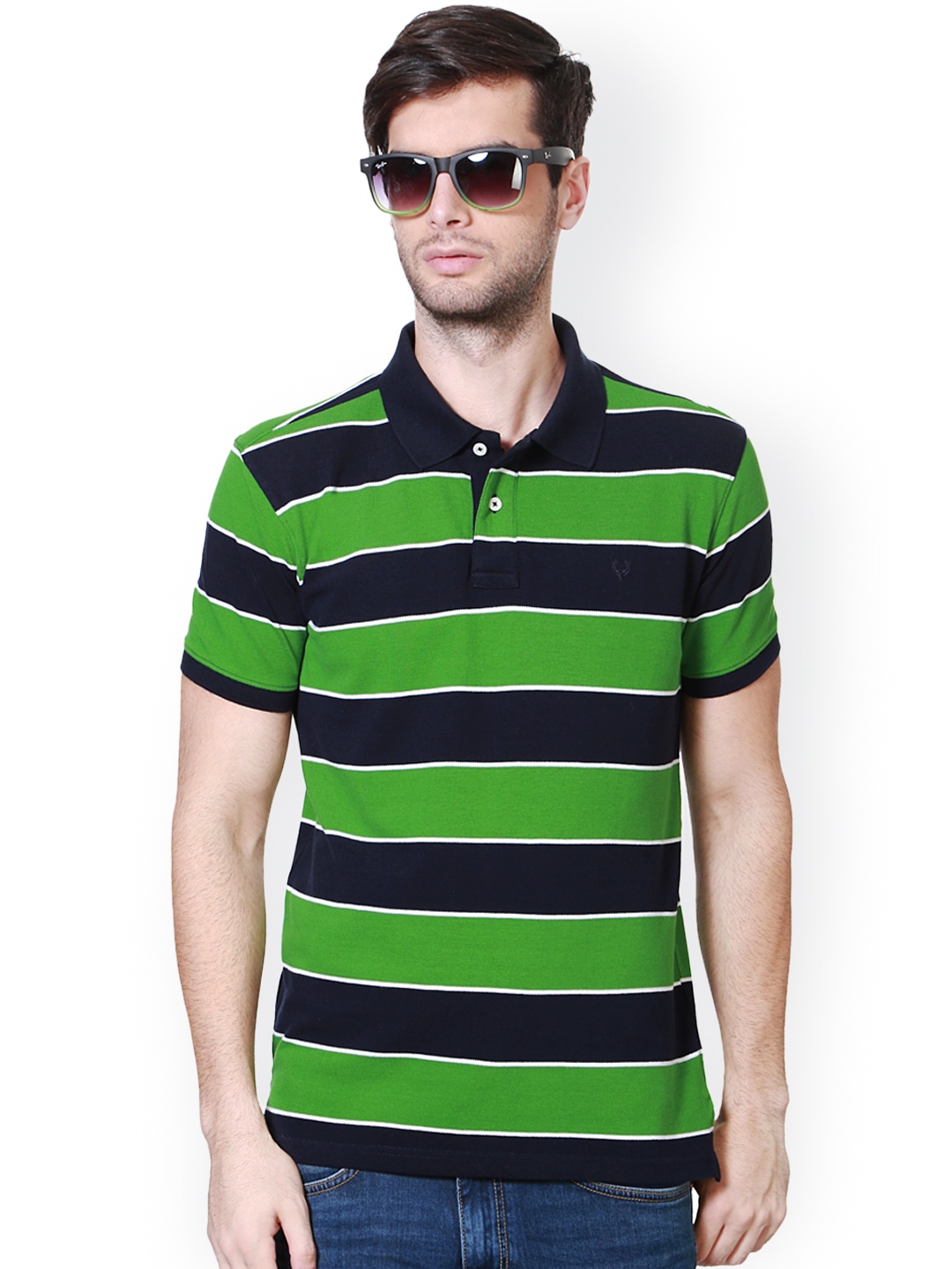 

Allen Solly Men Green & Navy Blue Striped Polo Collar T-shirt