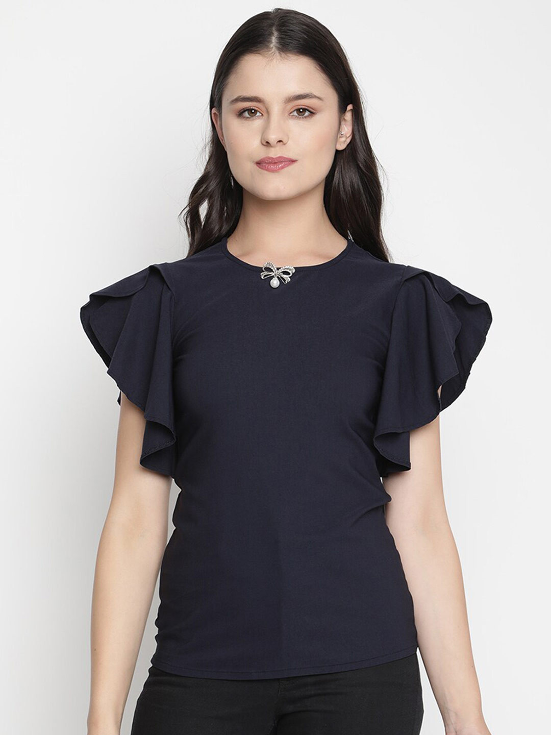 

V2 Value & Variety Navy Blue Flutter Sleeves Regular Top
