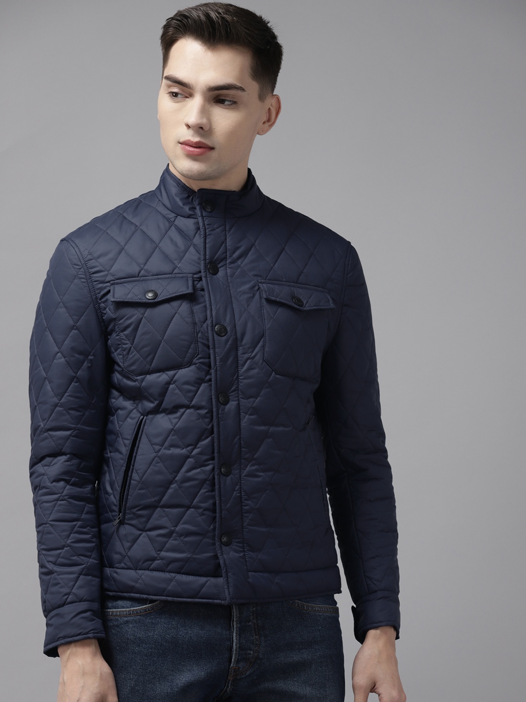 

Blackberrys Men Navy Blue Solid Quilted Jacket