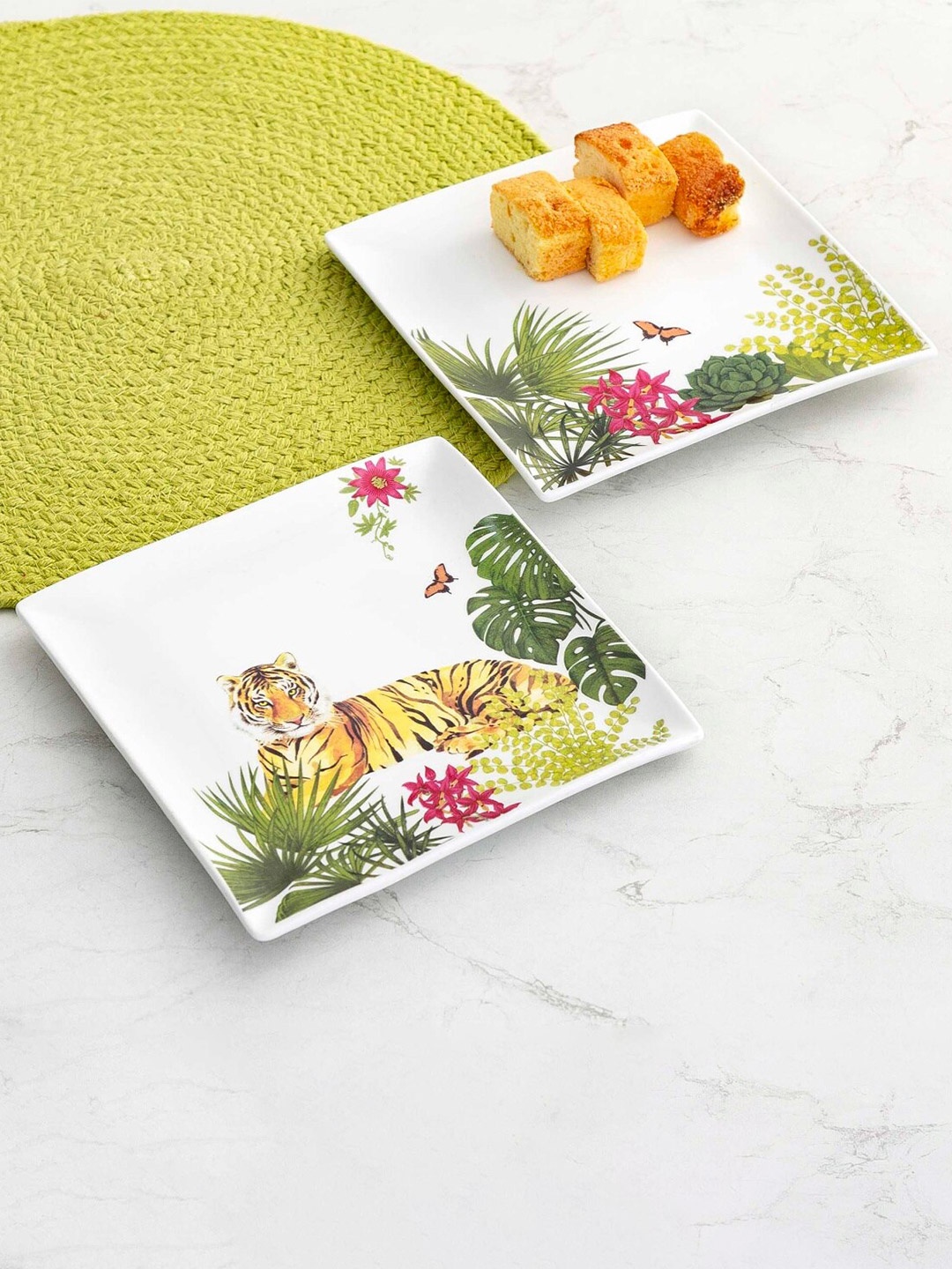 

Home Centre Set-2 White & Green Pieces Printed Bone China Glossy Plates