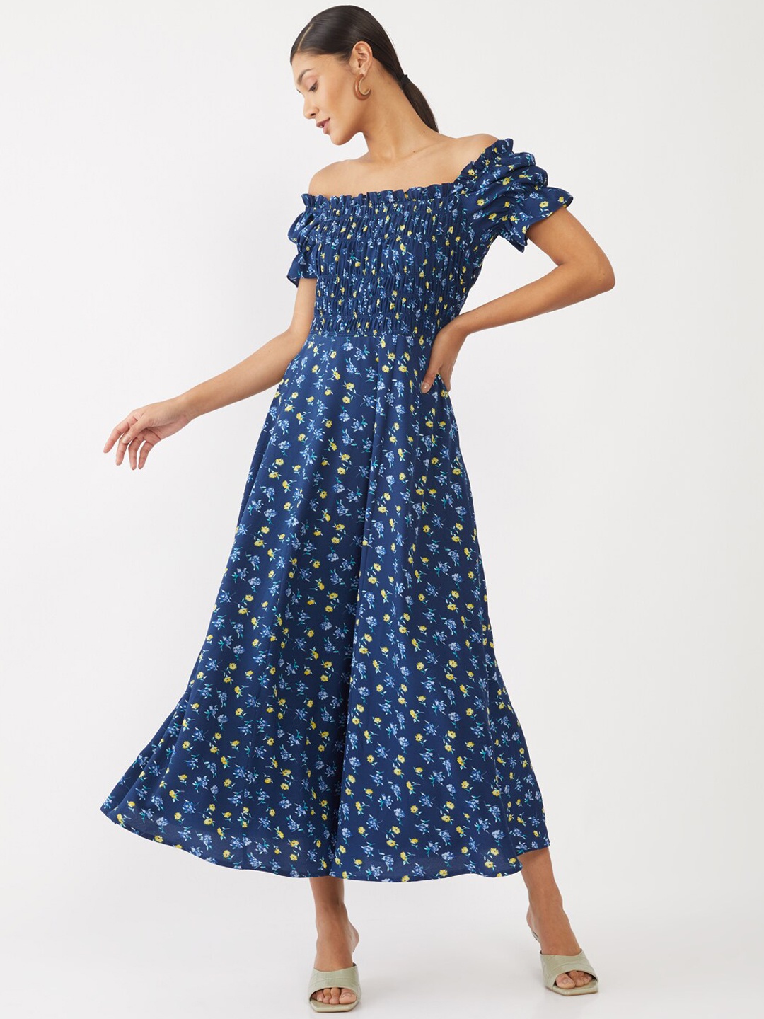 

Zink London Blue Floral Off-Shoulder Midi Dress
