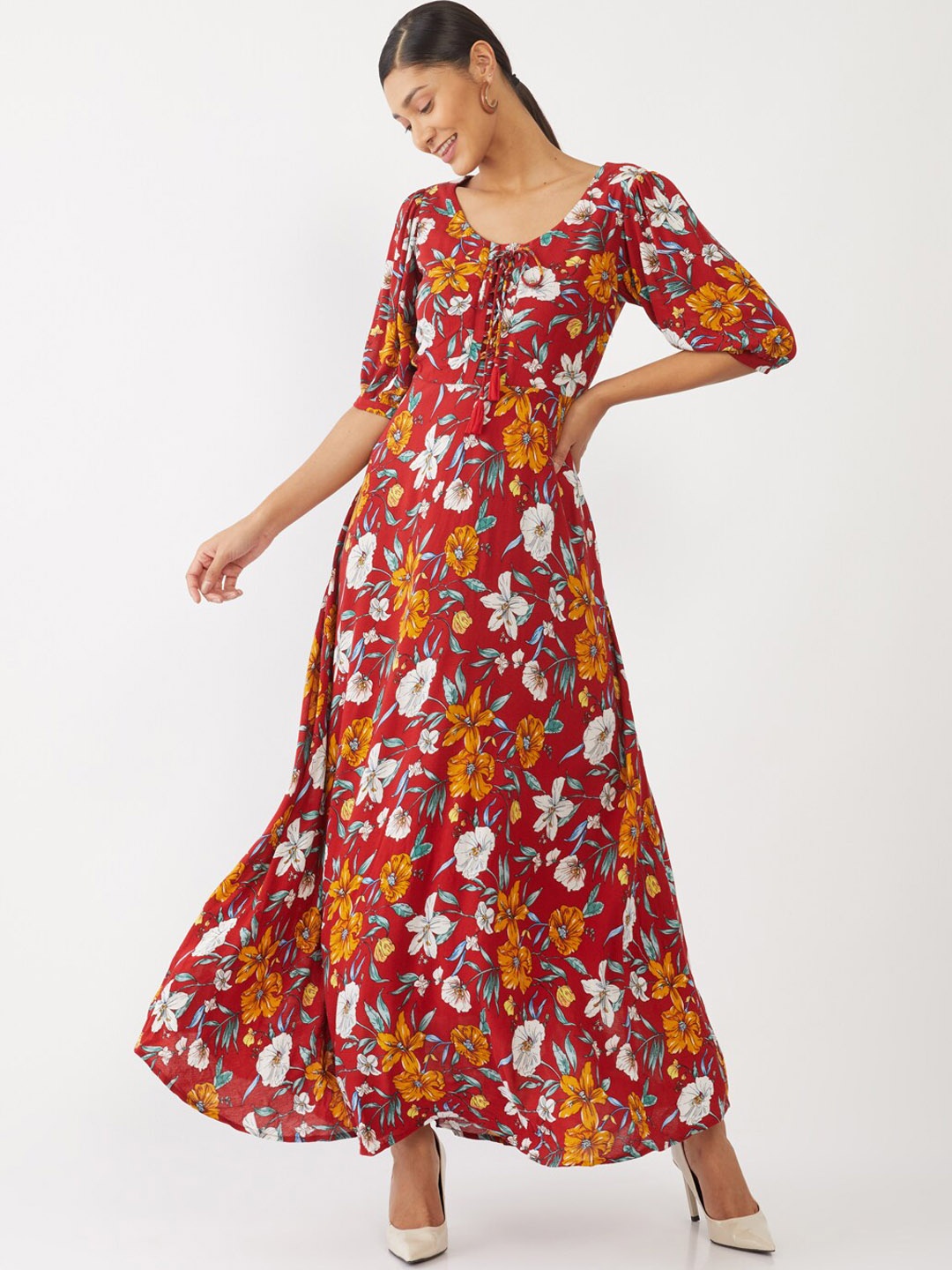 

Zink London Maroon & Yellow Floral Maxi Dress