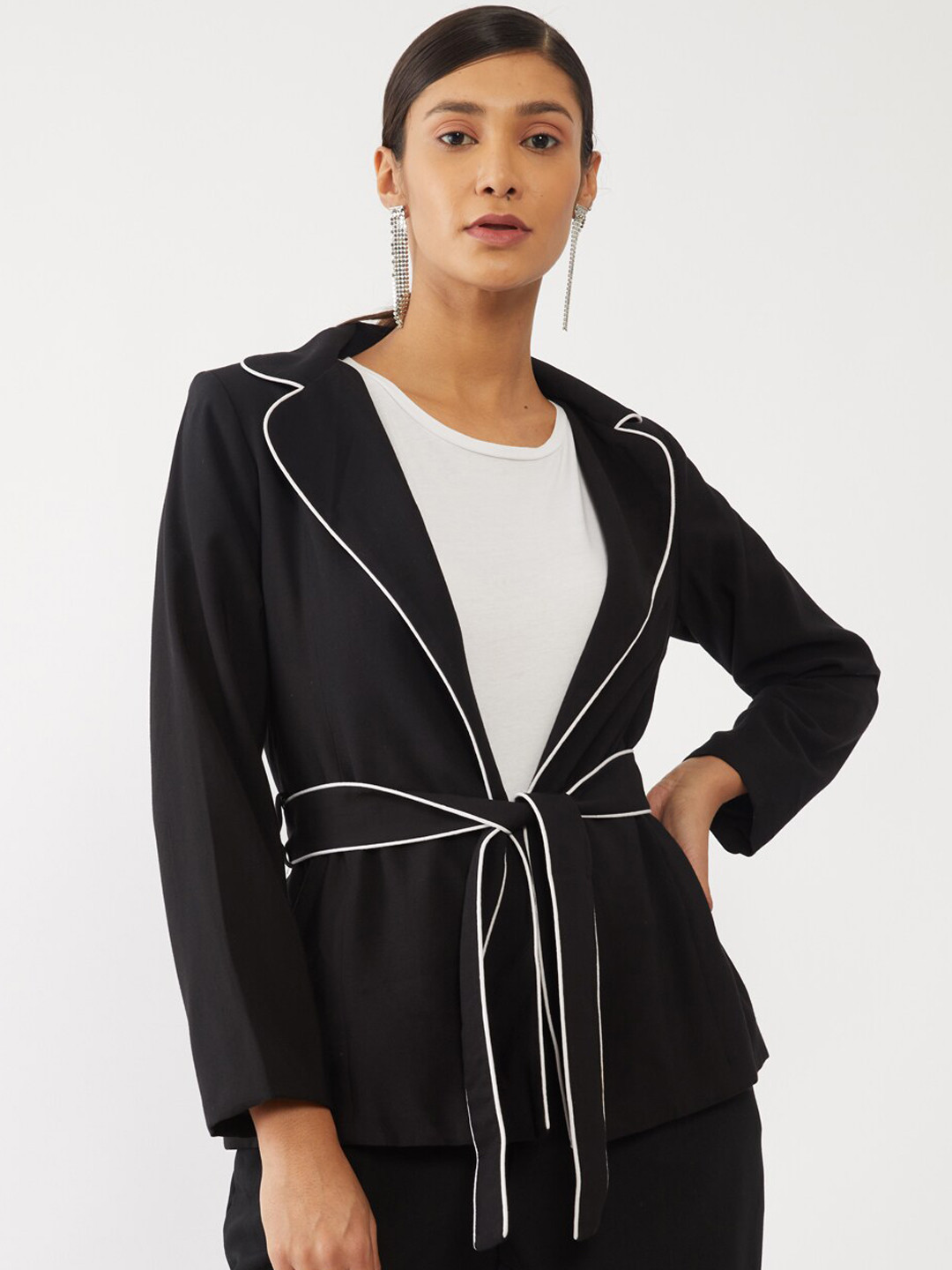 

Zink London Women Black Solid Pure Cotton Wrap Overcoat