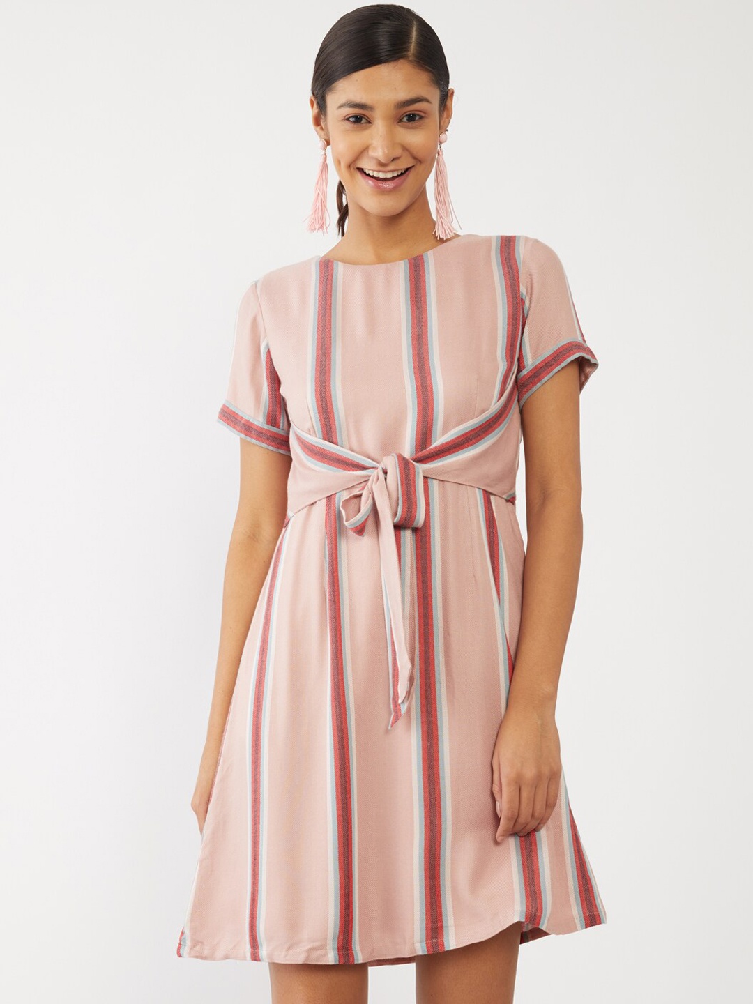

Zink London Peach-Coloured Striped Cotton A-Line Dress