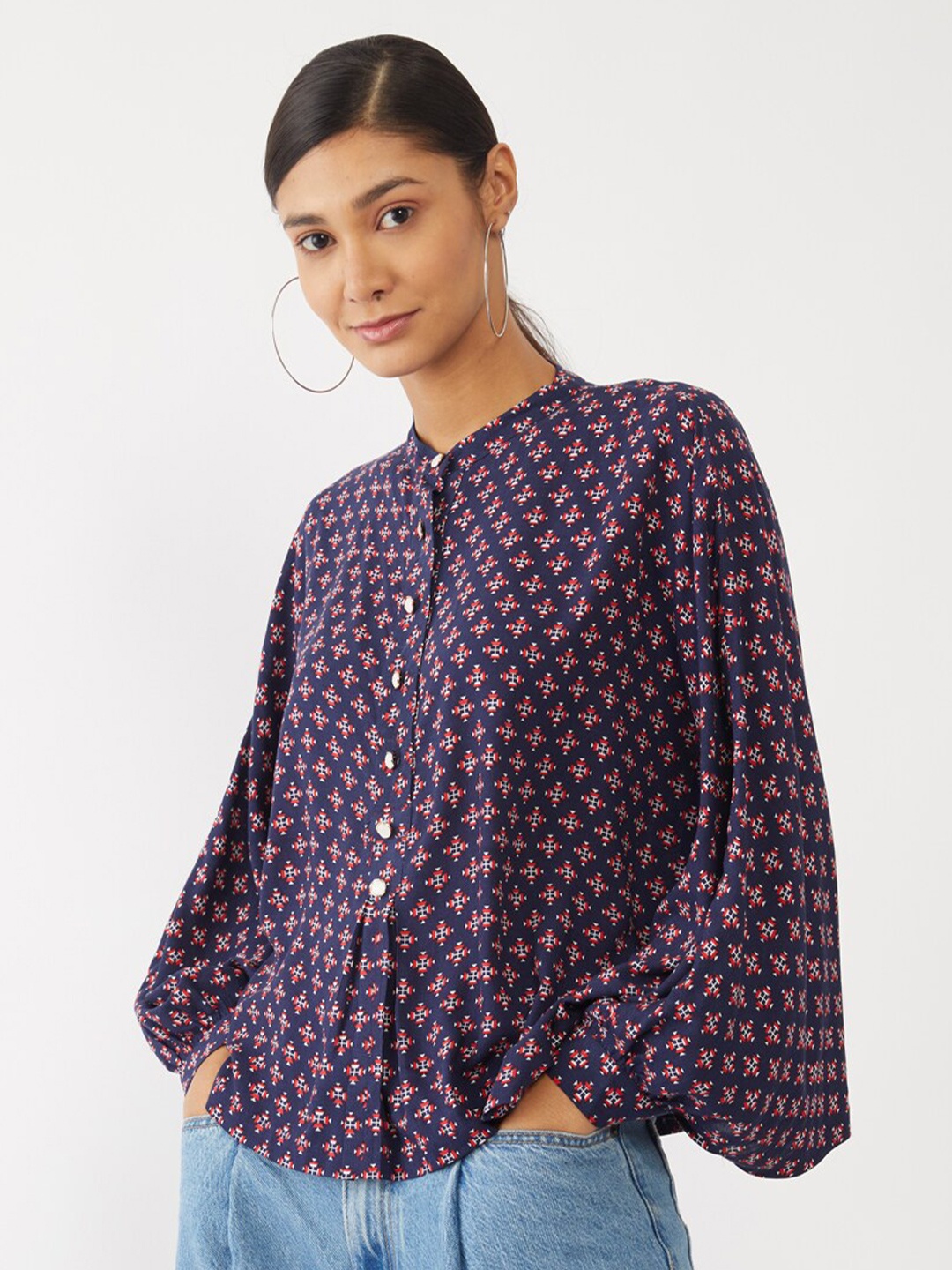 

Zink London Blue Mandarin Collar Shirt Style Top