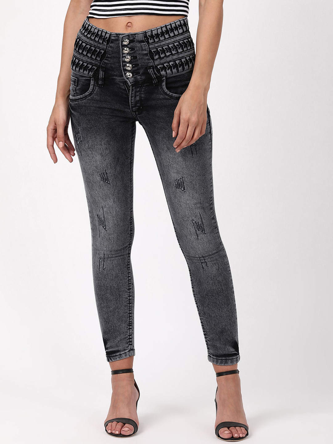 

V2 Value & Variety Women Grey Slim Fit Low Distress Heavy Fade Cotton Jeans
