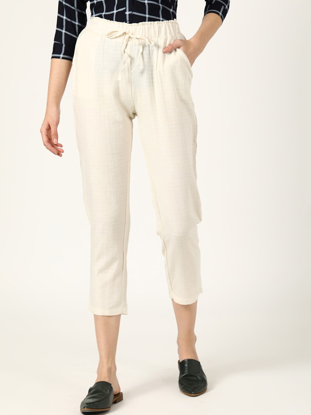 

V2 Value & Variety Women Off White Slim Fit High-Rise Cigerette Trousers