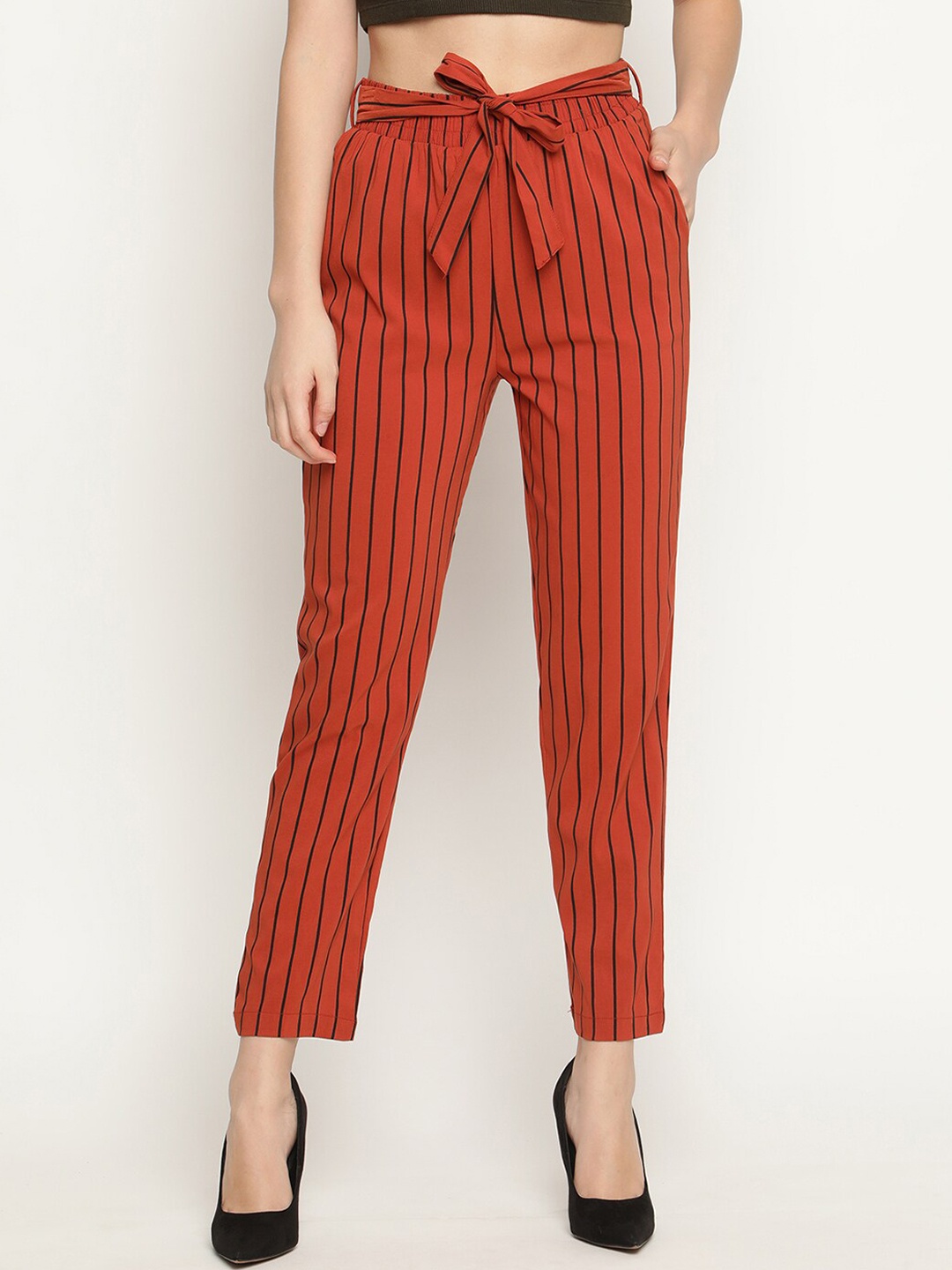 

V2 Value & Variety Women Red Striped Slim Fit High-Rise Trousers