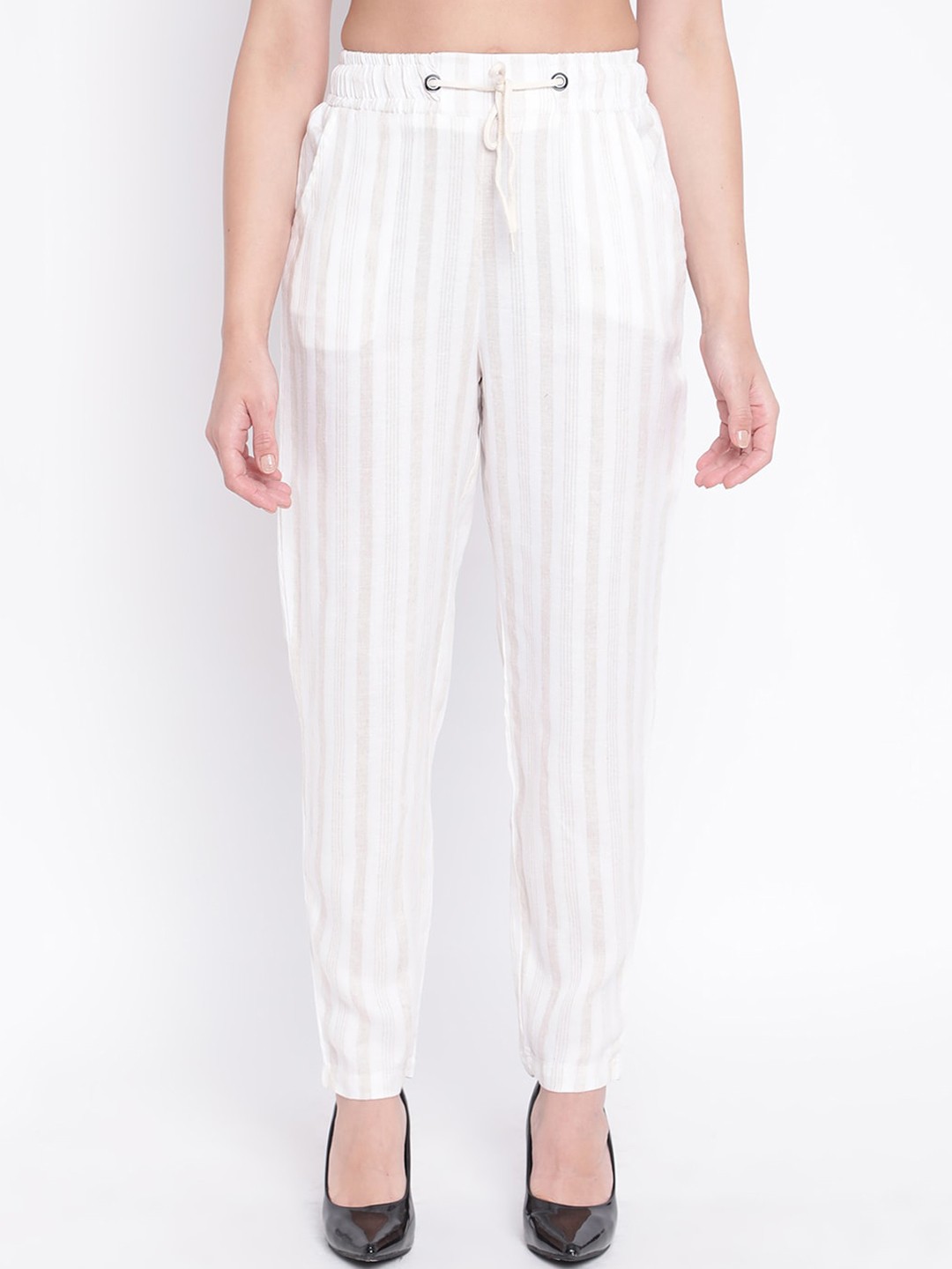

V2 Value & Variety Women Off White Striped Tapered Fit High-Rise Trousers