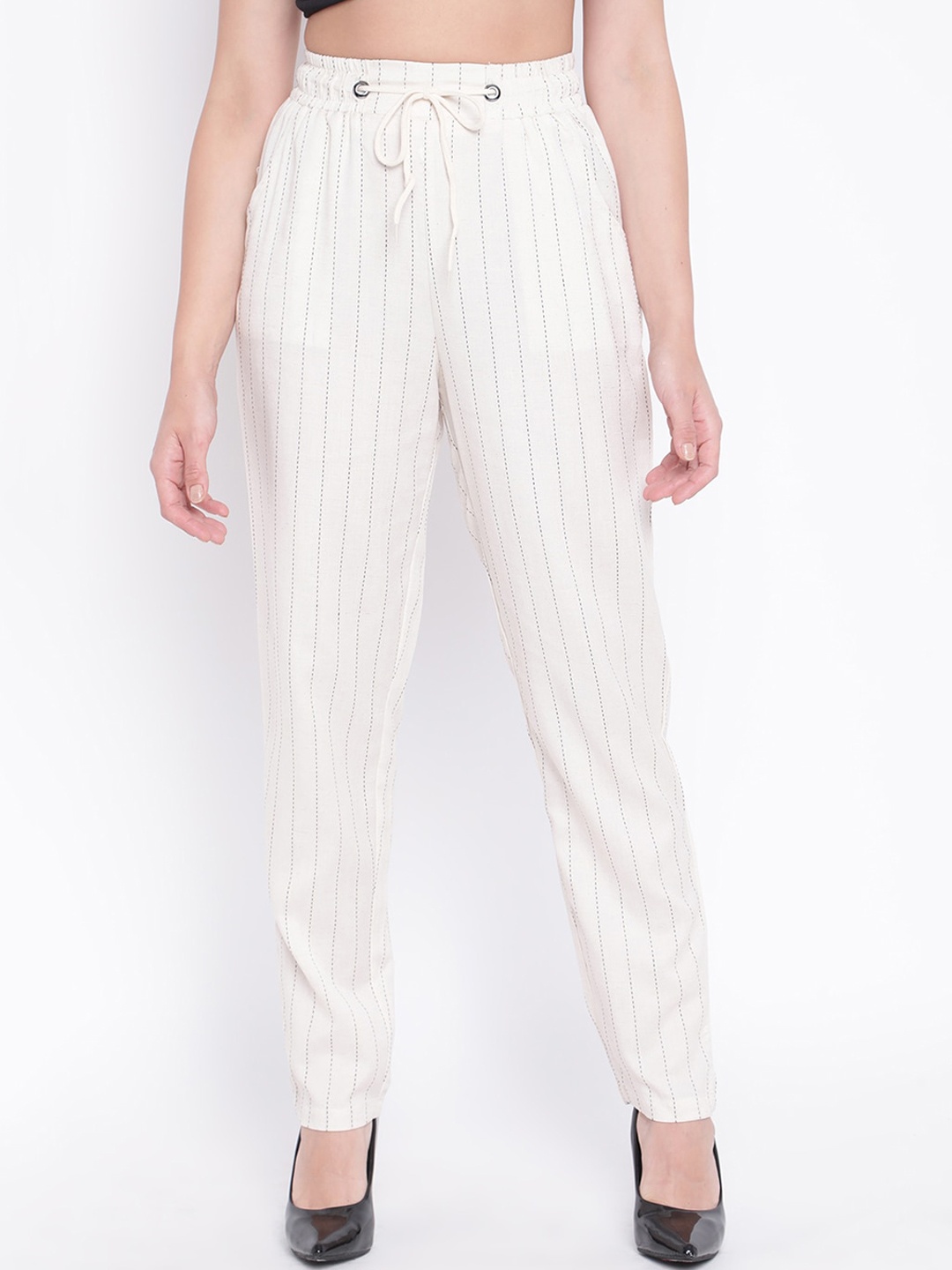 

V2 Value & Variety Women White Striped Easy Wash Trousers