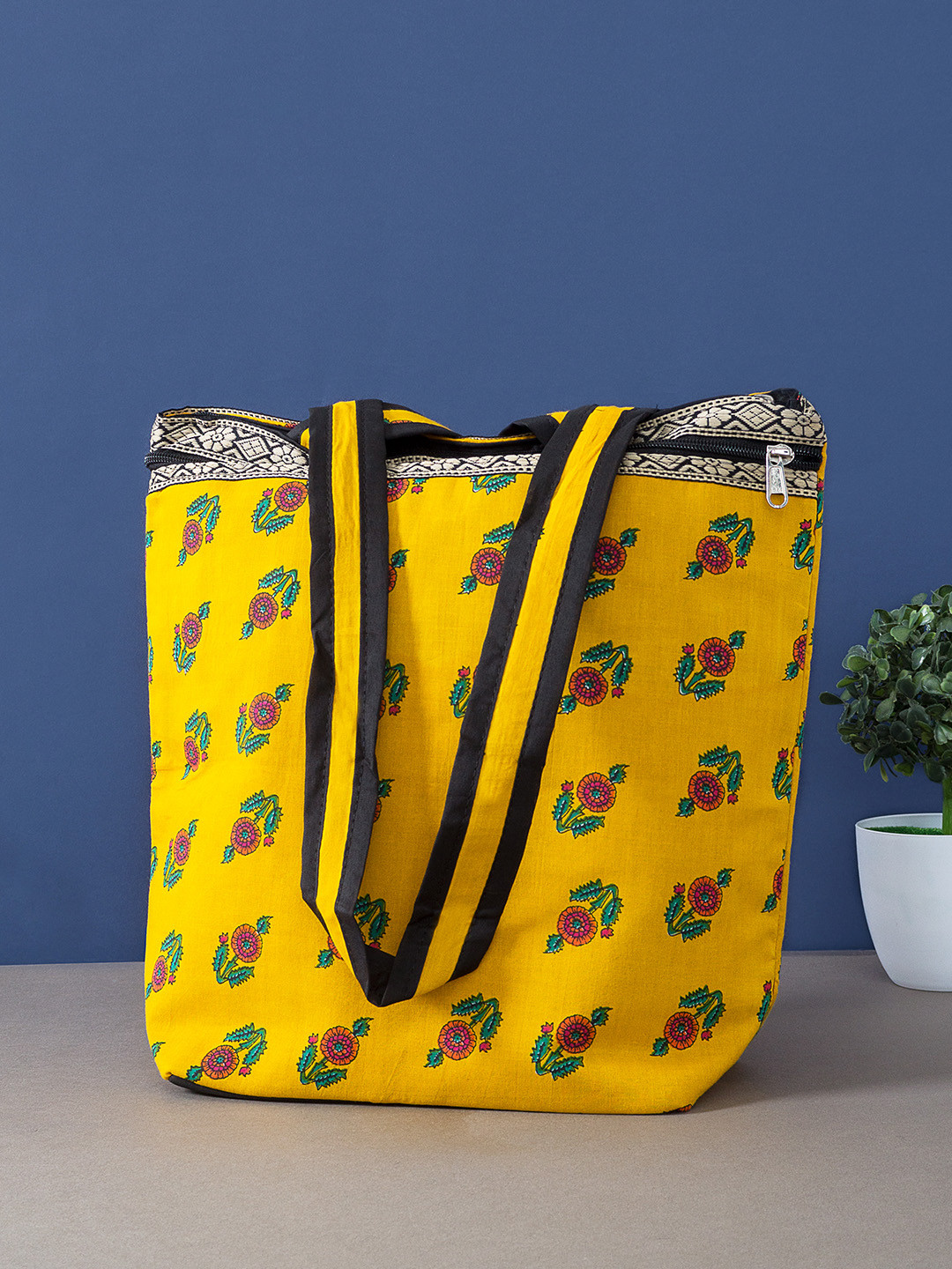 

Golden Peacock Yellow Floral Printed Cotton Jute Tote Bag