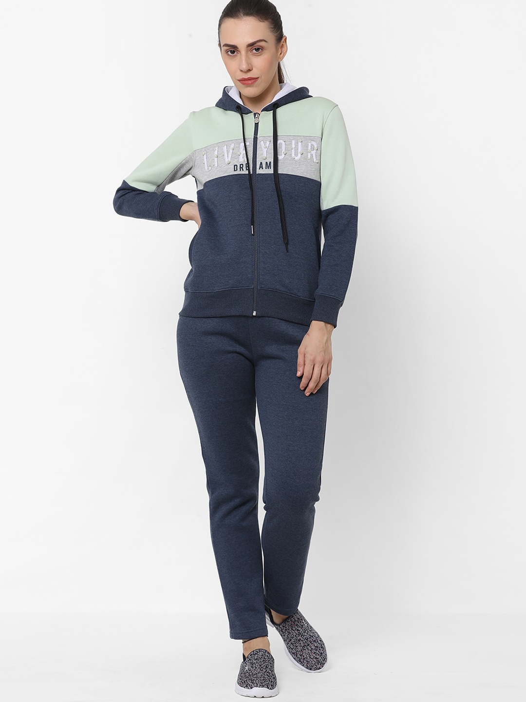 

Sweet Dreams Women Navy Blue & Grey Colourblocked Hooded Tracksuit