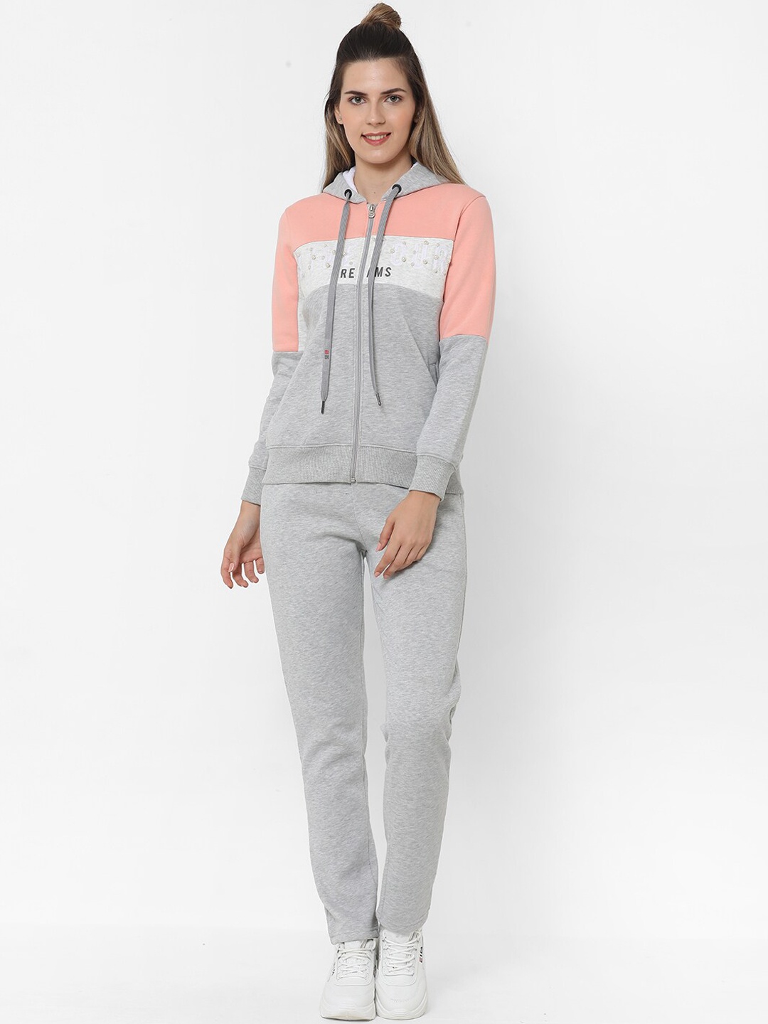 

Sweet Dreams Women Grey & Peach-Coloured Colourblocked Winter Tracksuits