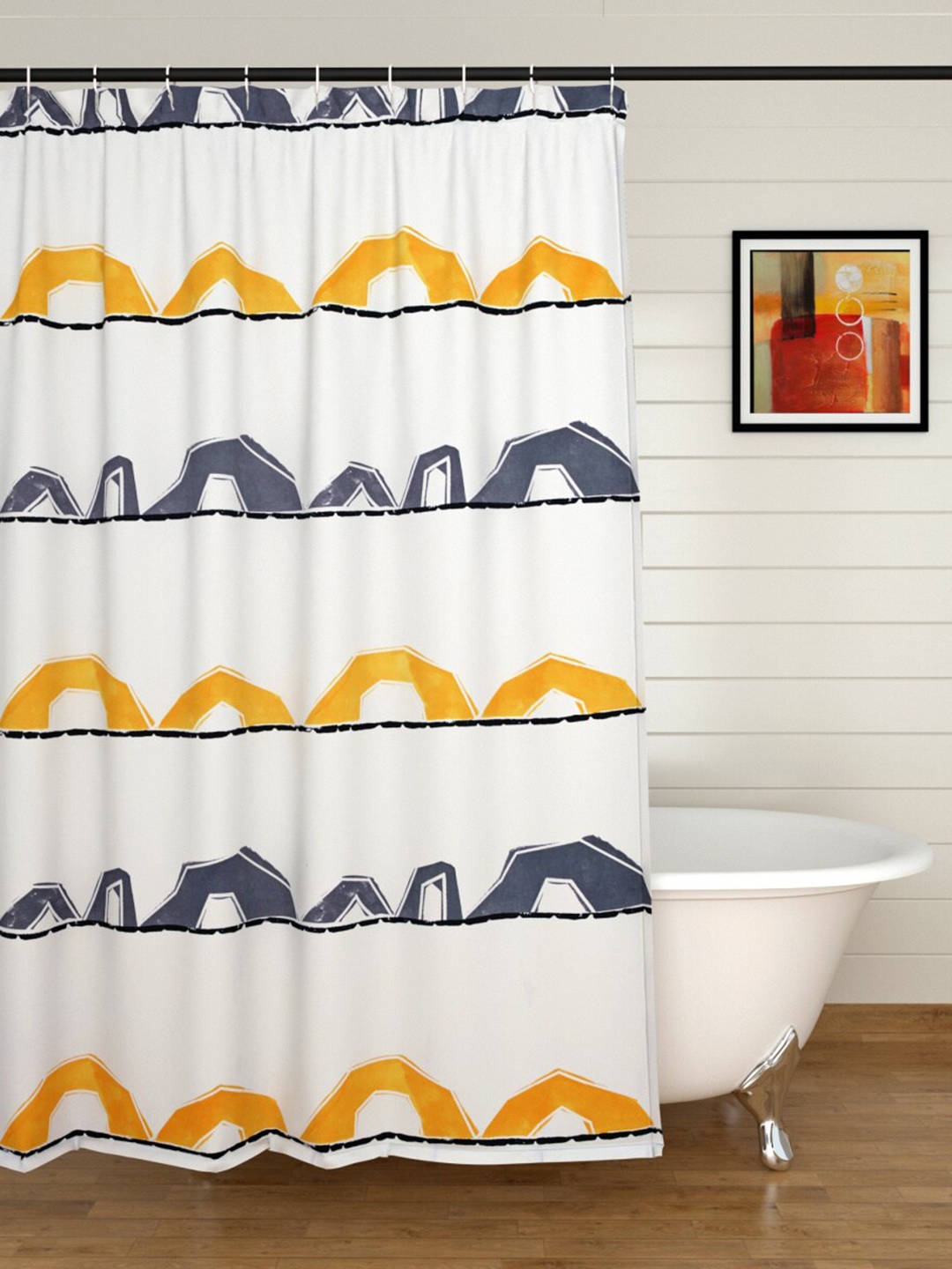 

Home Centre White & Yellow Printed Shower Curtain