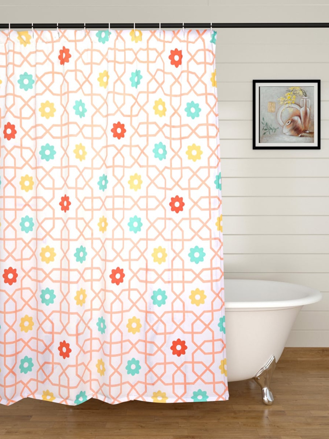 

Home Centre White & Pink Printed Shower Curtain