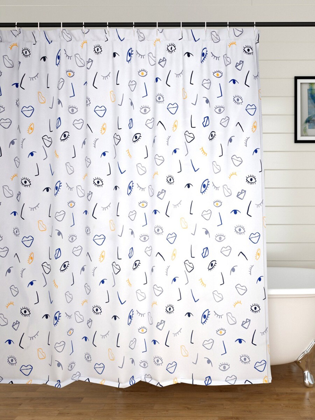 

Home Centre White & Blue Printed Shower Curtain