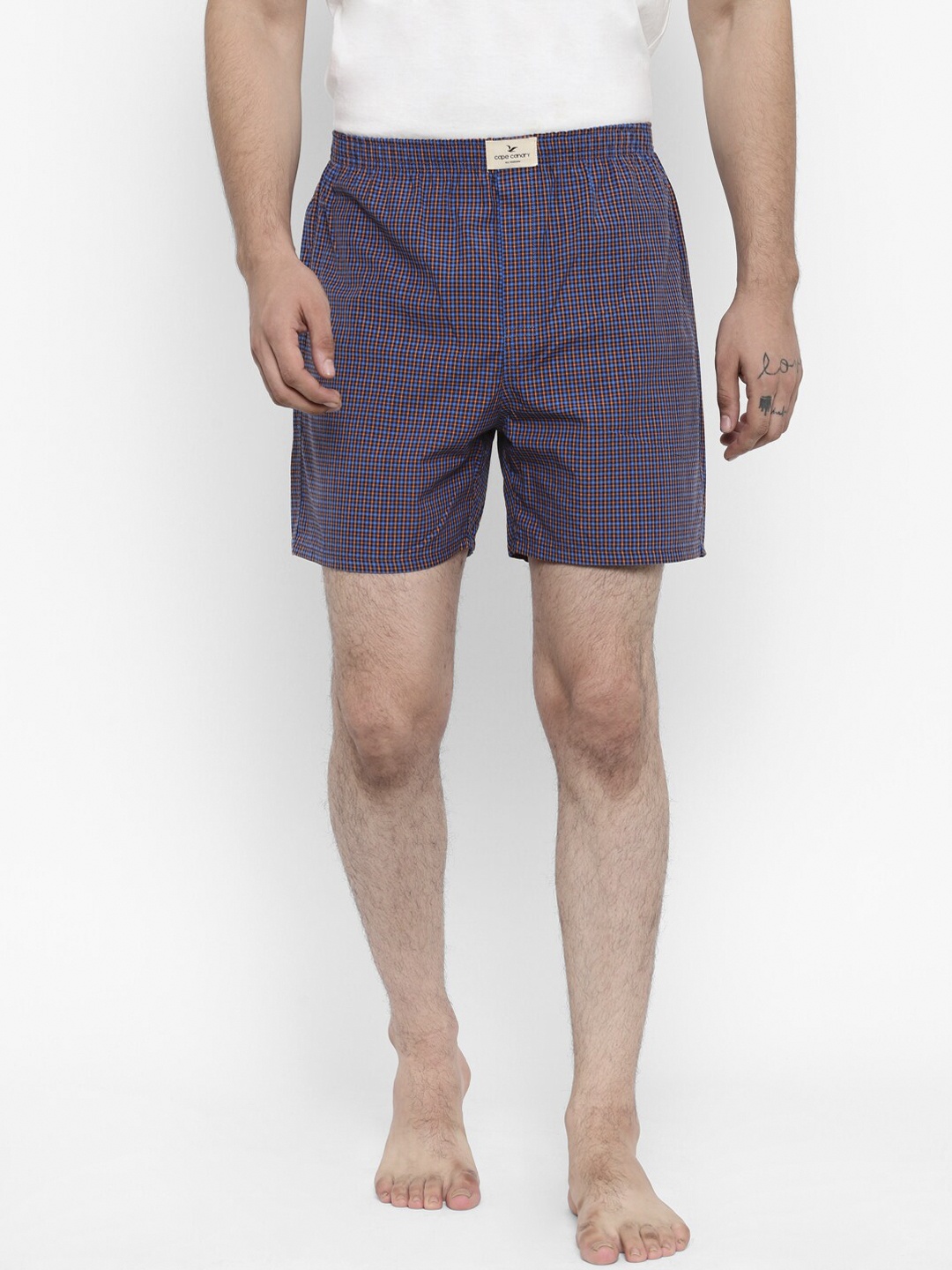 

cape canary Men Blue & Orange Checked Cotton Boxers
