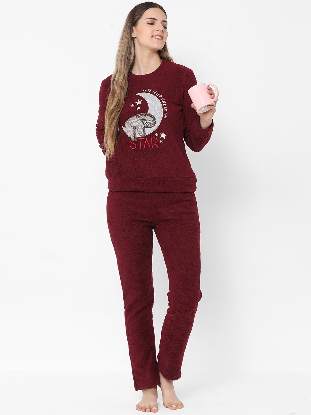 

Sweet Dreams Women Maroon & White Graphic Printed Night Suit