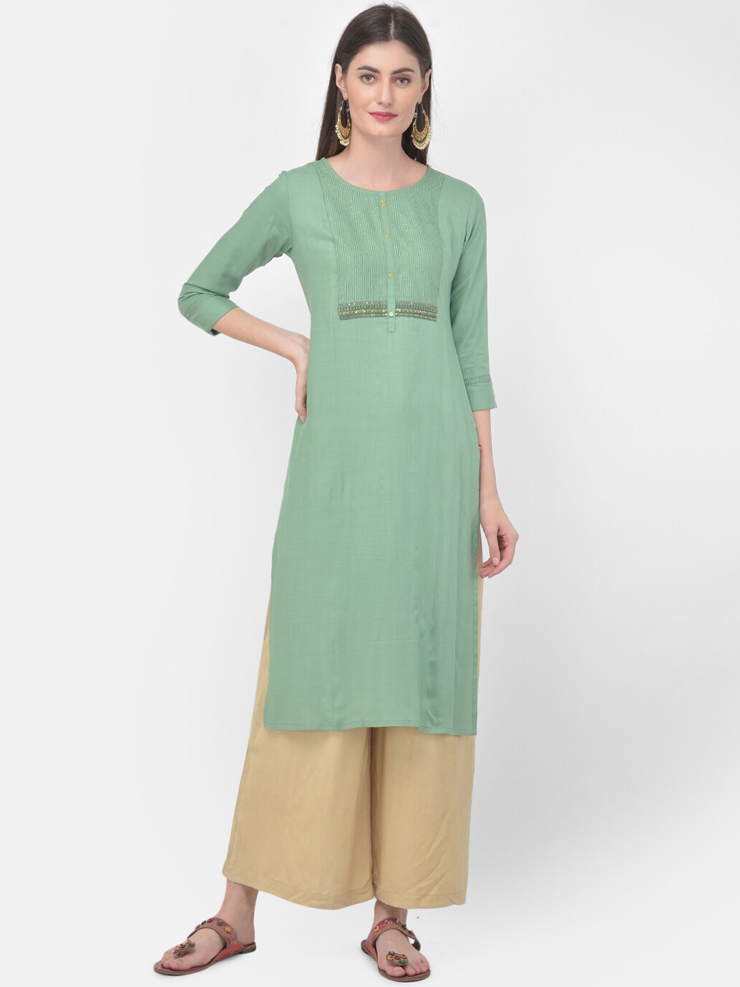 

Span Women Green Striped Kurta
