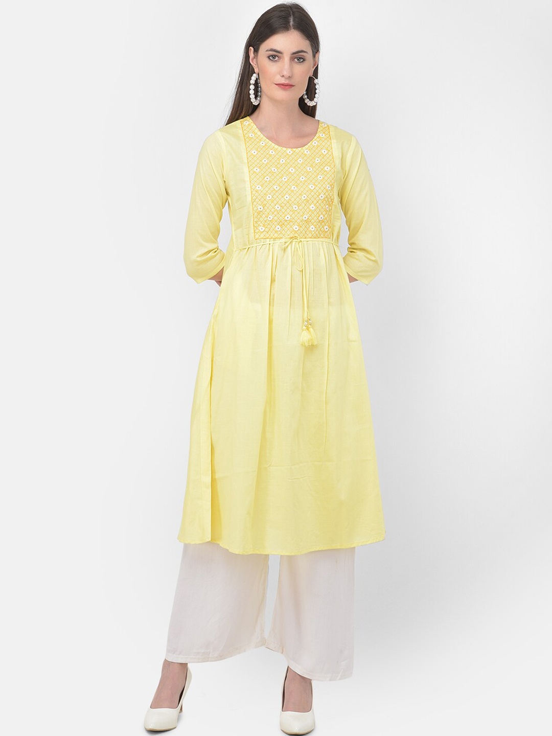 

Span Women Yellow Ethnic Motifs Embroidered Cotton Silk A-Line Kurta