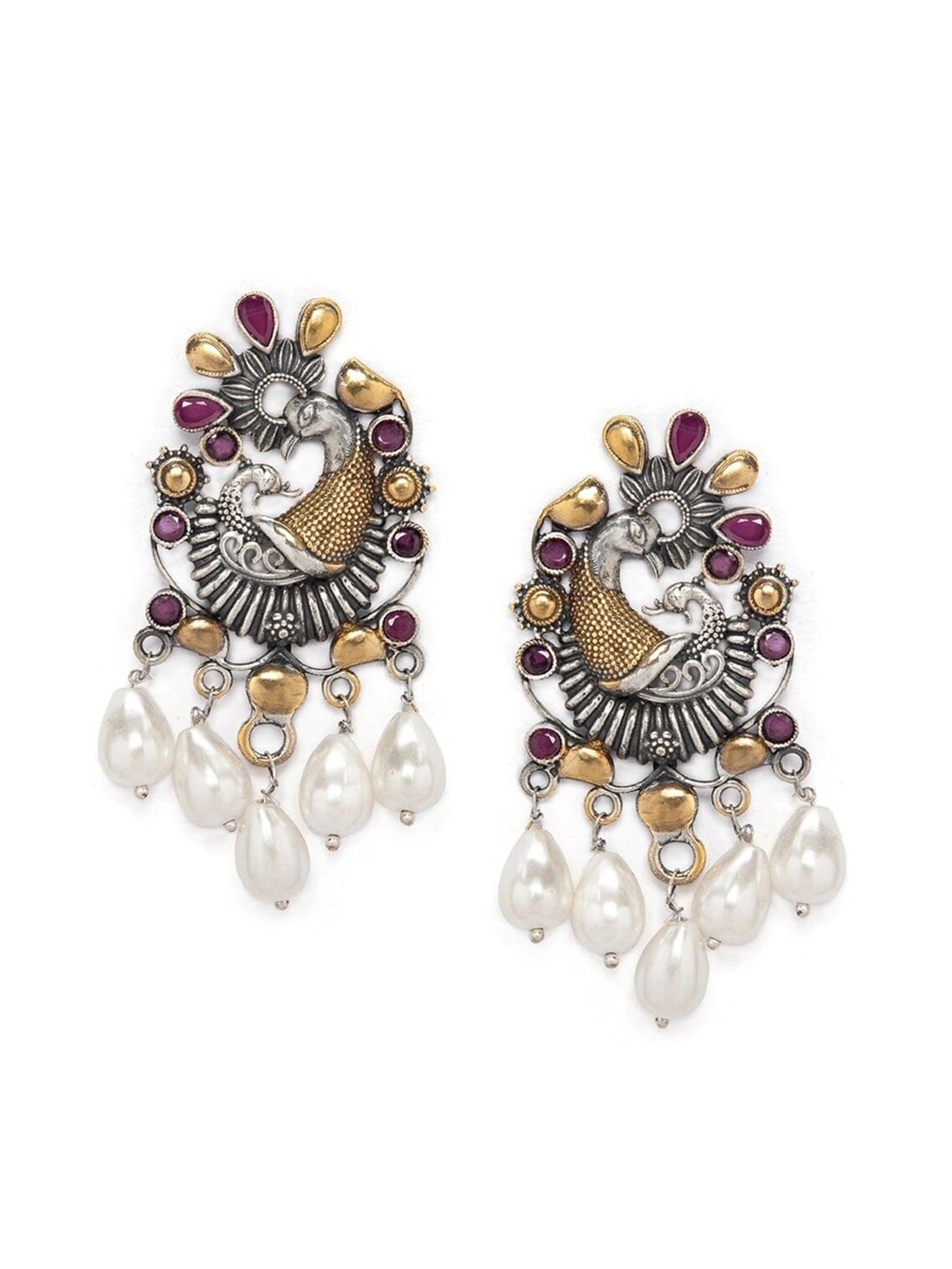 

Anouk Silver-Toned & Gold-Toned Peacock Shaped Jhumkas Earrings