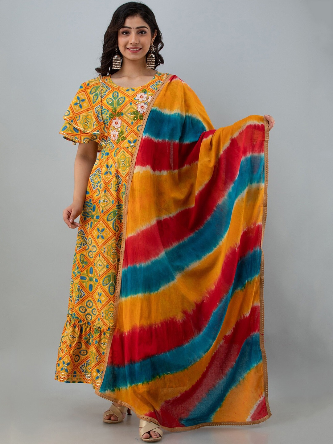 

PNEHA Yellow & Red Floral Printed Pure Cotton Maxi Dress With Dupatta