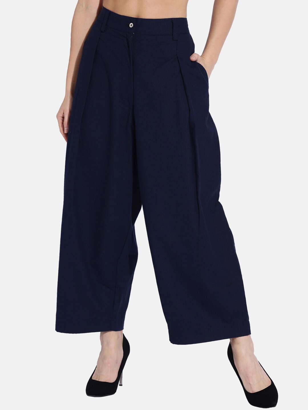 

GRASS by Gitika Goyal Women Navy Blue Pleated Pure Cotton Culottes