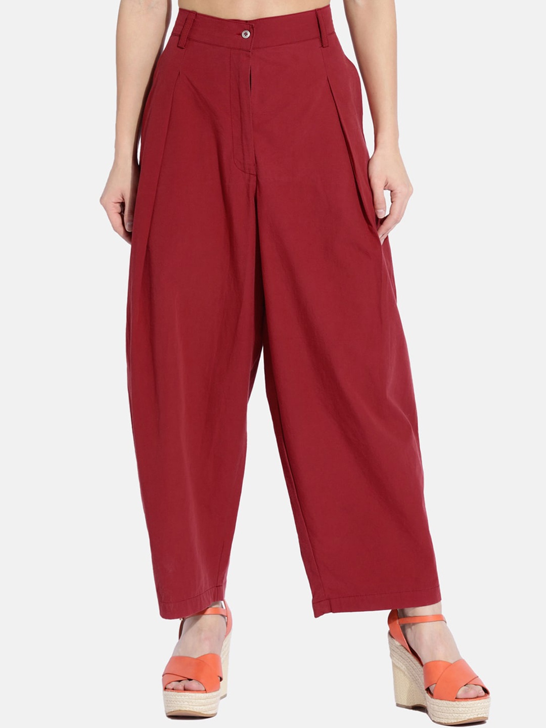 

GRASS by Gitika Goyal Women Maroon Pleated Parallel Trousers