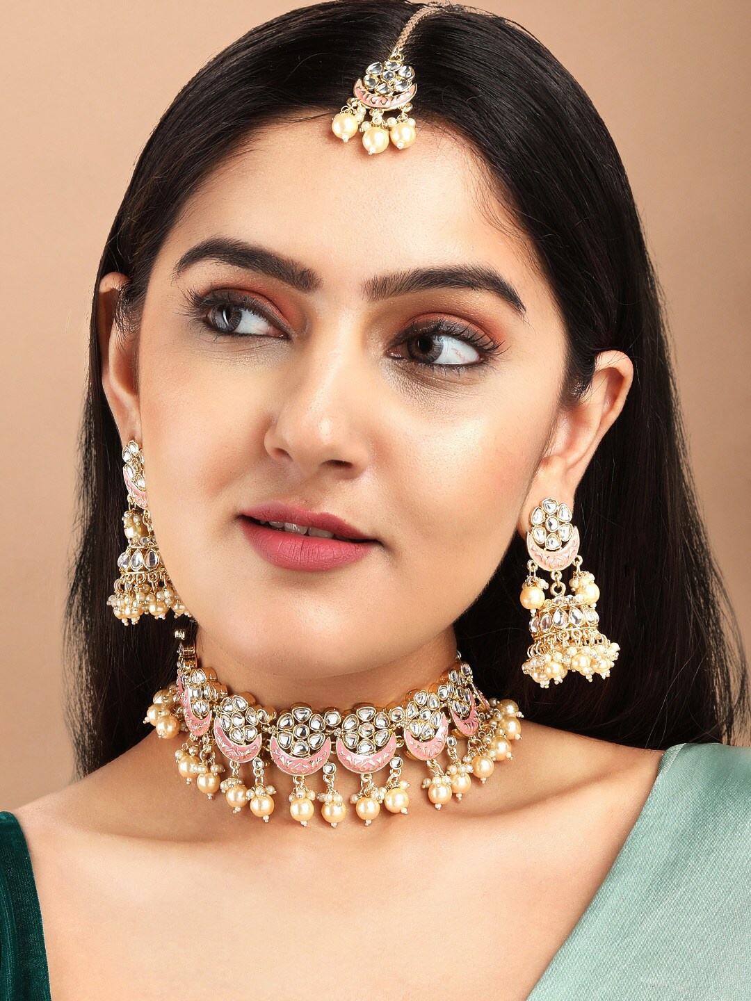 

Rubans Gold-Plated White & Pink Stone-Studded & Beaded Handcrafted Enamelled Jewellery Set