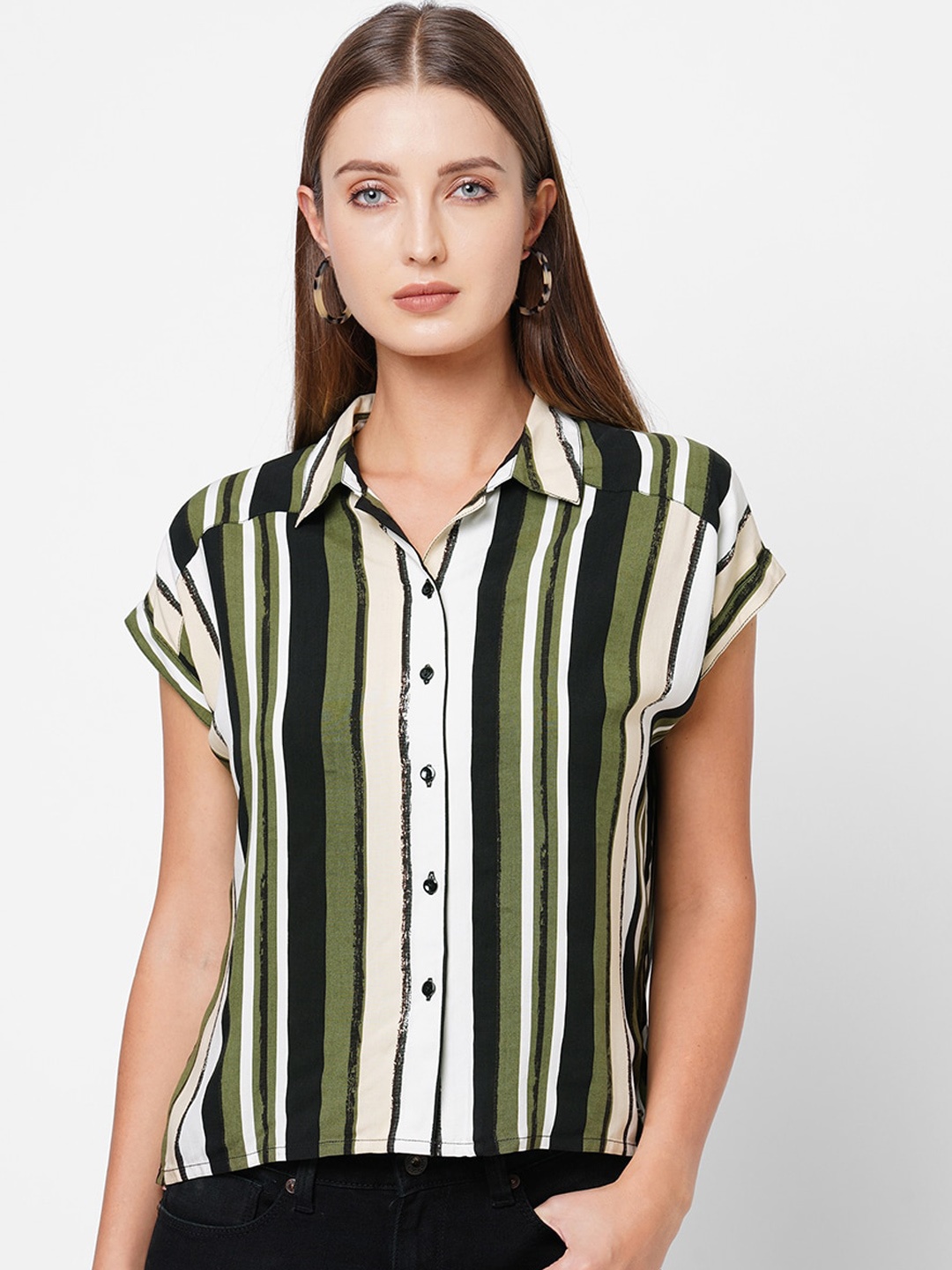 

Pepe Jeans Women Green & White Opaque Striped Casual Shirt