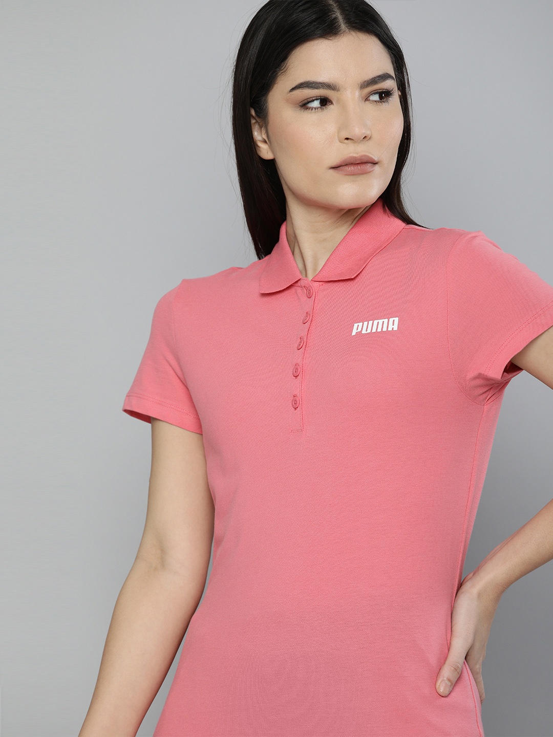 

Puma Women Pink Brand Logo Printed Polo Collar Applique T-shirt