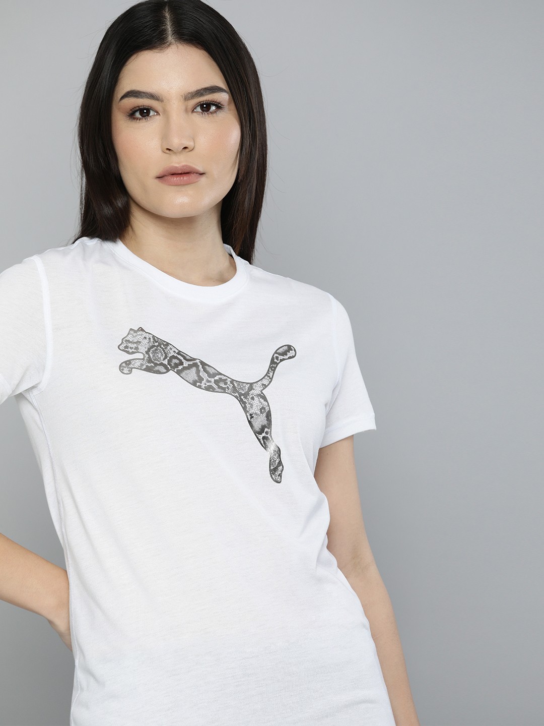

Puma Women White & Black Brand Logo Printed Round Neck DryCell Training -shirt