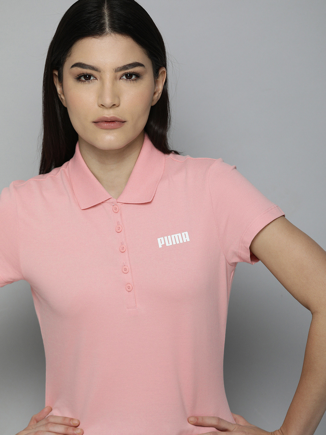 

Puma Women Pink Brand Logo Printed Polo Collar Applique T-shirt