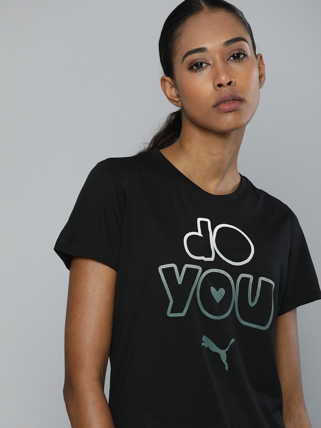 

Puma Women Black Performance Slogan Typography Printed DryCELL T-shirt