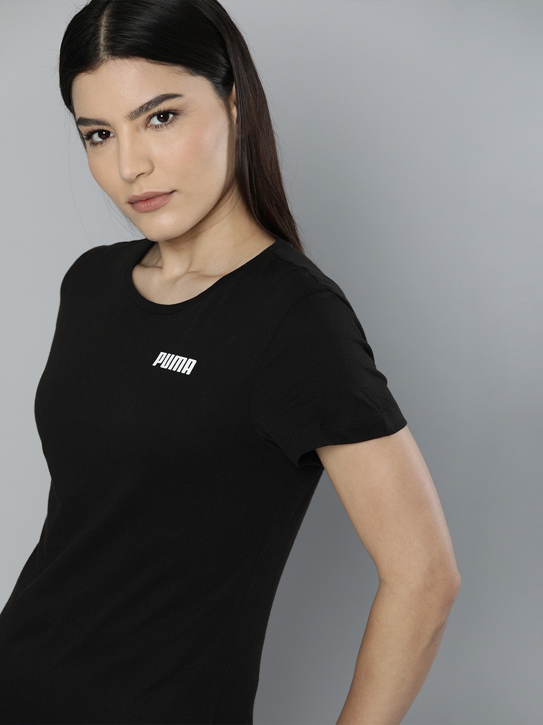 

Puma Women Black Brand Logo Printed Round Neck T-shirt