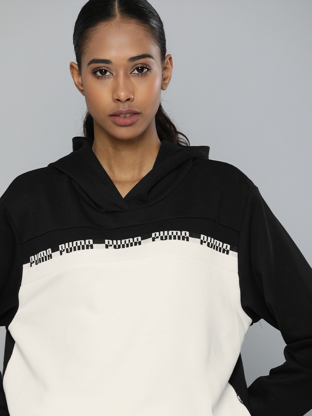 

Puma Women Black & White Colourblocked Amplified Cropped Sweatshirt