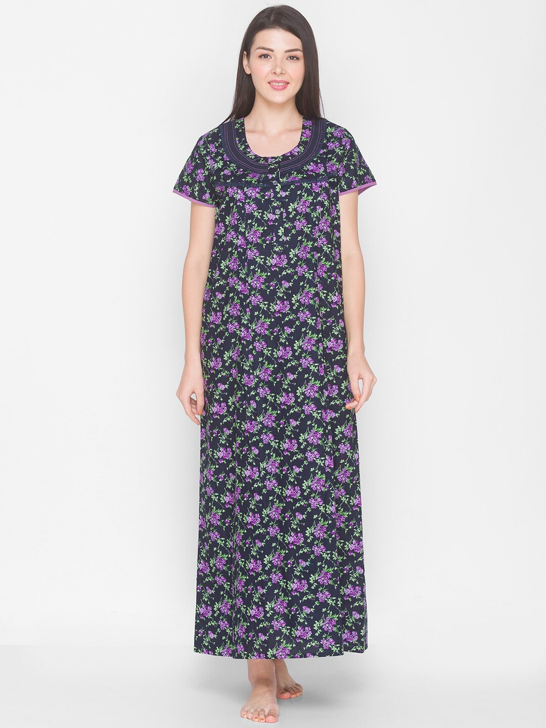 

AV2 Navy Blue & Purple Floral Printed Pure Cotton Nursing Maxi Nightdress