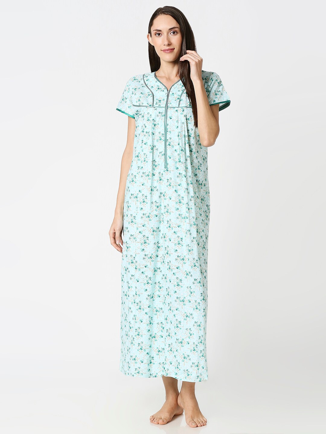 

AV2 Sea Green Printed Pure Cotton Maxi Nightdress