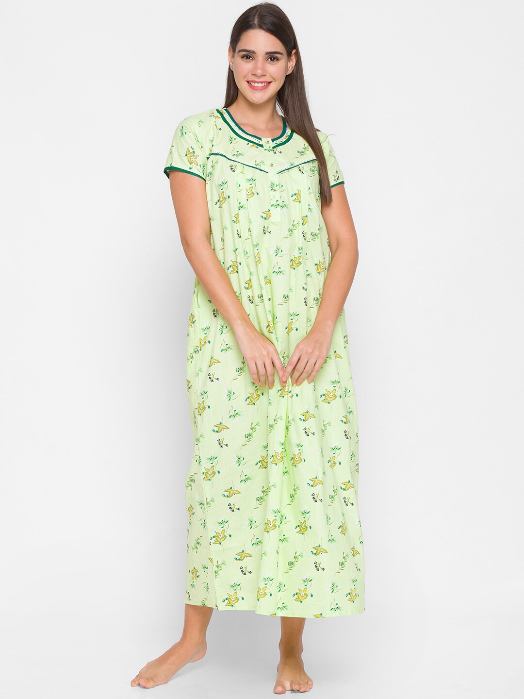 

AV2 Green & Yellow Floral Printed Pure Cotton Maxi Nightdress