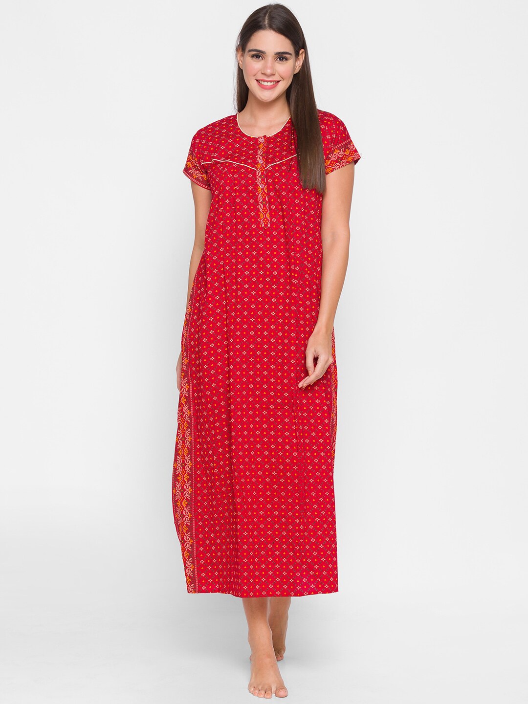 

AV2 Women Red Printed Pure Cotton Maxi Nightdress