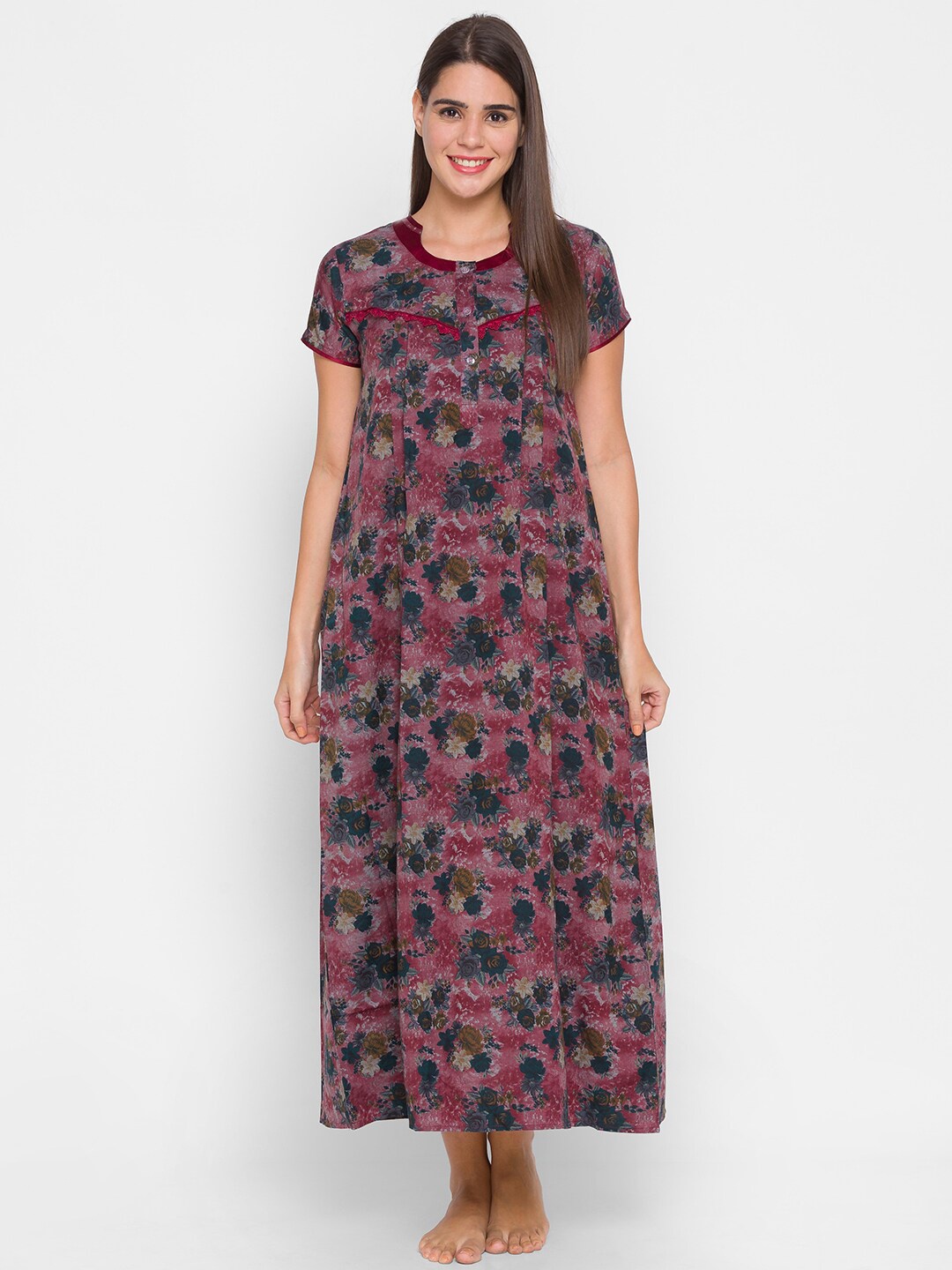 

AV2 Maroon Printed Regular Maxi Nightdress