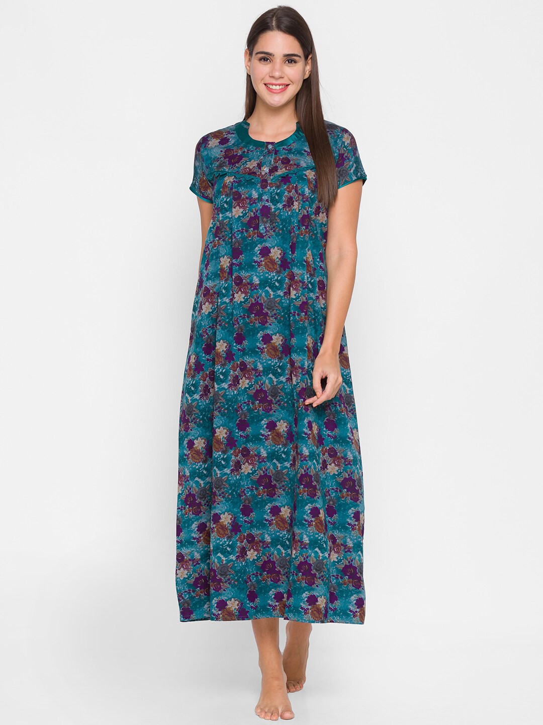 

AV2 Women Green Printed Maxi Pure Cotton Nightdress