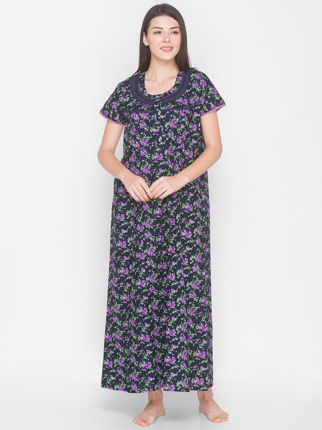 

AV2 Women Navy Blue Printed Maxi Nightdress