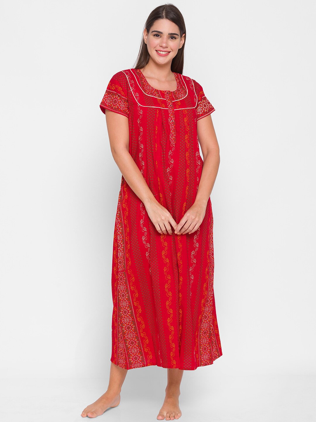 

AV2 Women Red Printed Maxi Nightdress