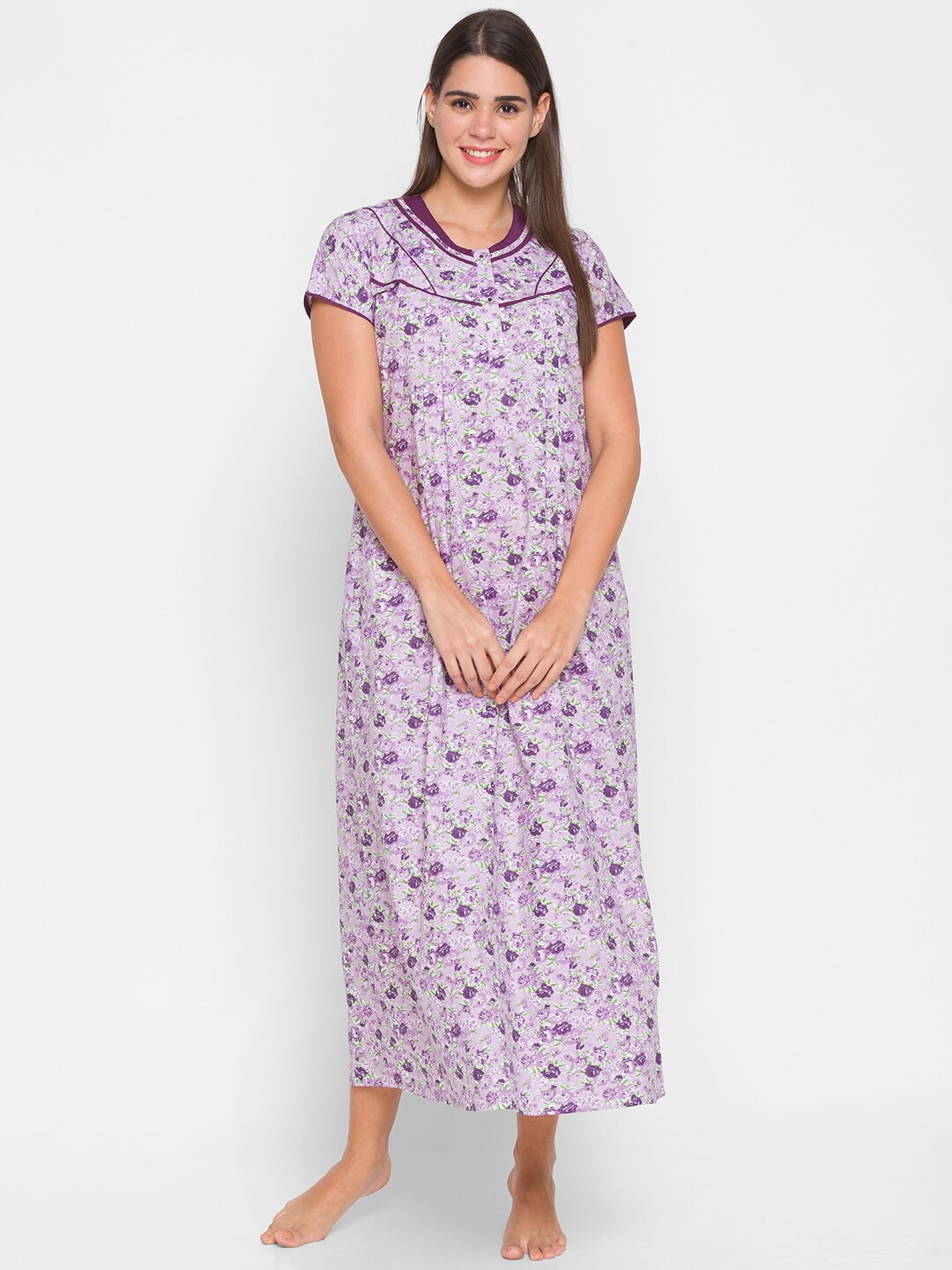 

AV2 Lavender & Green Printed Pure Cotton Maxi Nightdress