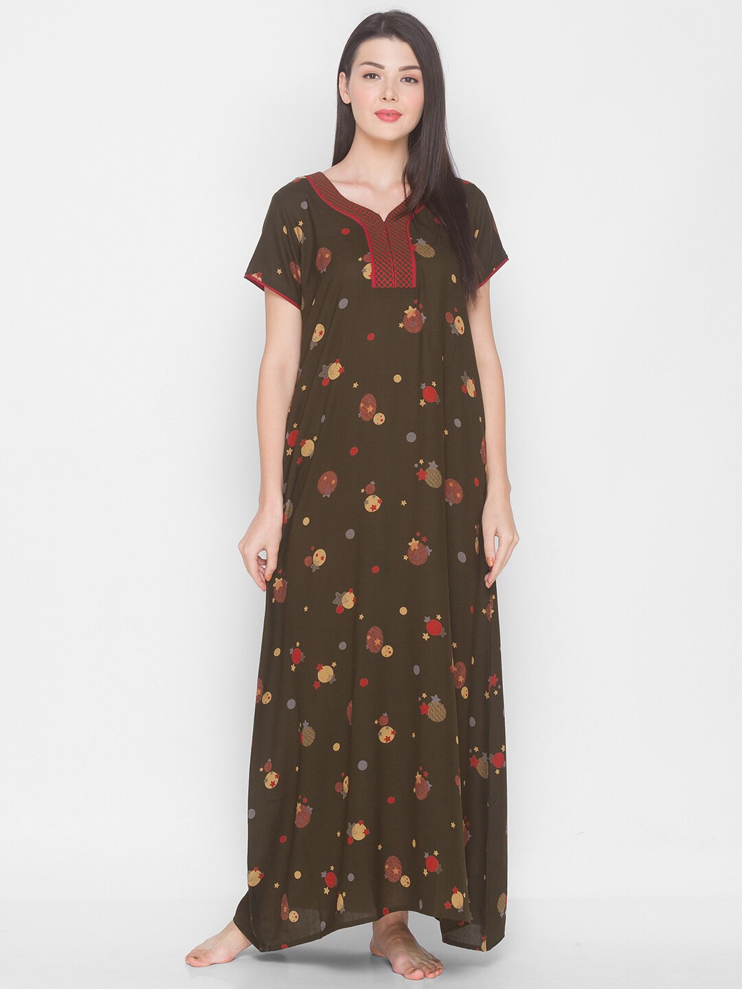 

AV2 Olive Green Printed Maxi Nightdress
