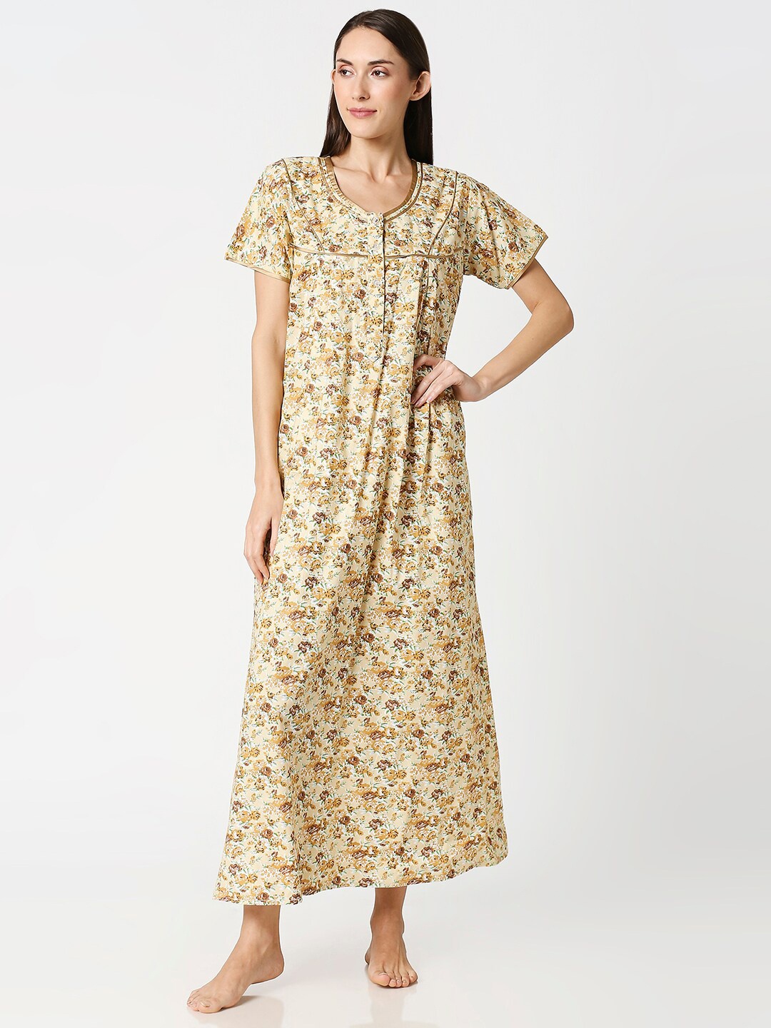 

AV2 Mustard Printed Pure Cotton Maxi Nightdress